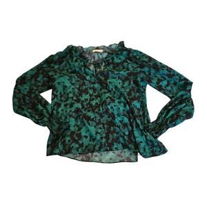 Allison Joy Blouse Medium Green Black Abstract Sheer Smocked Sleeve Tie Neck M